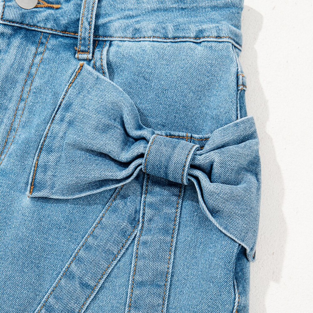 B277 Dusk Blue Acid Washed Bowknot Details High Waist Denim Skirt - Picture 10 of 12